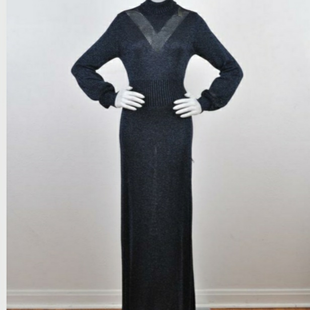 Vintage 1970 Black Metallic Cowl Neck Maxi Dress